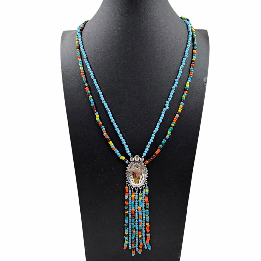 Justin Western Cow Skull Pendant Bead Fringe Necklace Southwestern Festival Boho